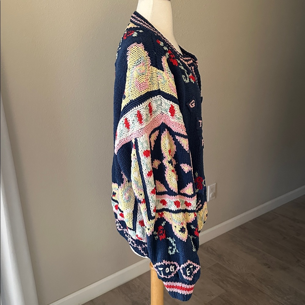 90s Together! Sweater Blue Yellow Knit Embroidered Button Up Cardigan - Picture 6 of 14